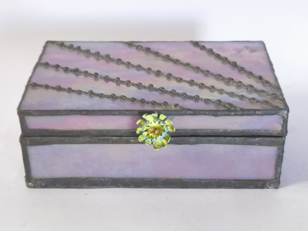 Slag Glass Stained-Glass Box with Enamel Flower Cl (1 of 4)
