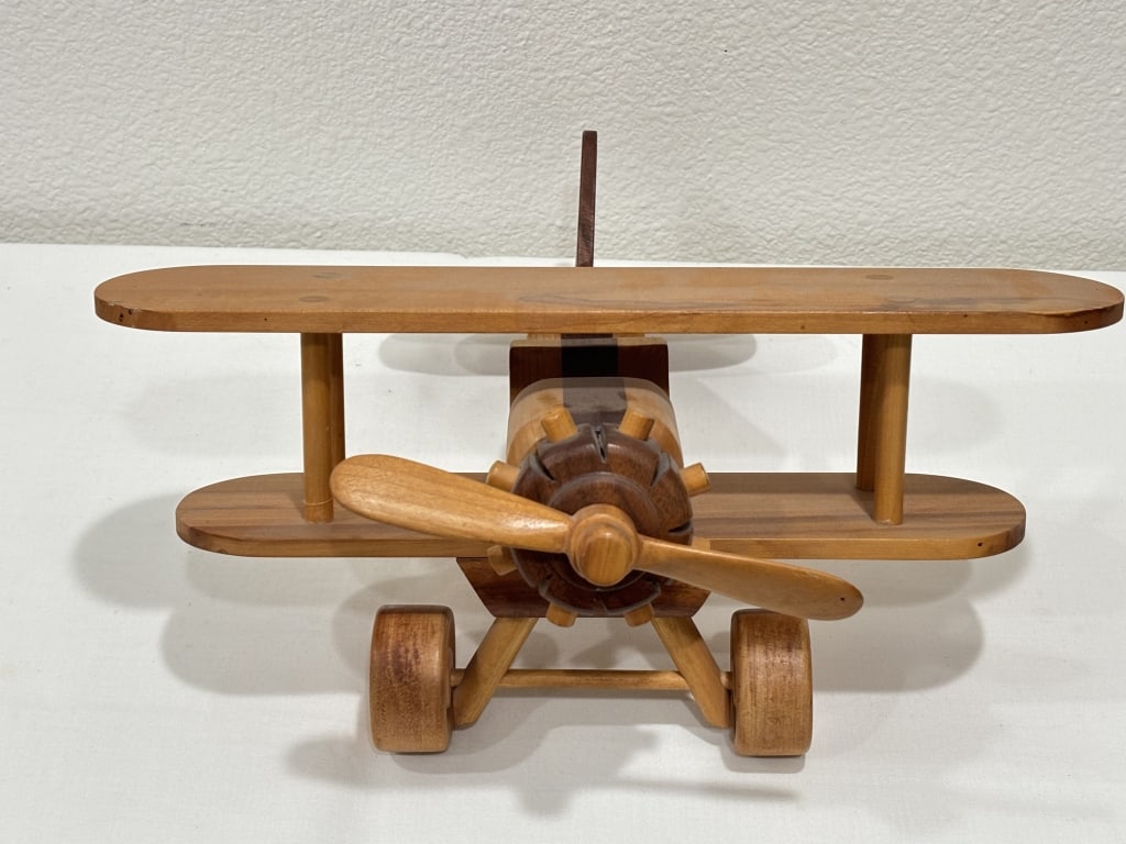 Vintage Artisan Hand-Crafted Wooden Biplane Model (1 of 5)