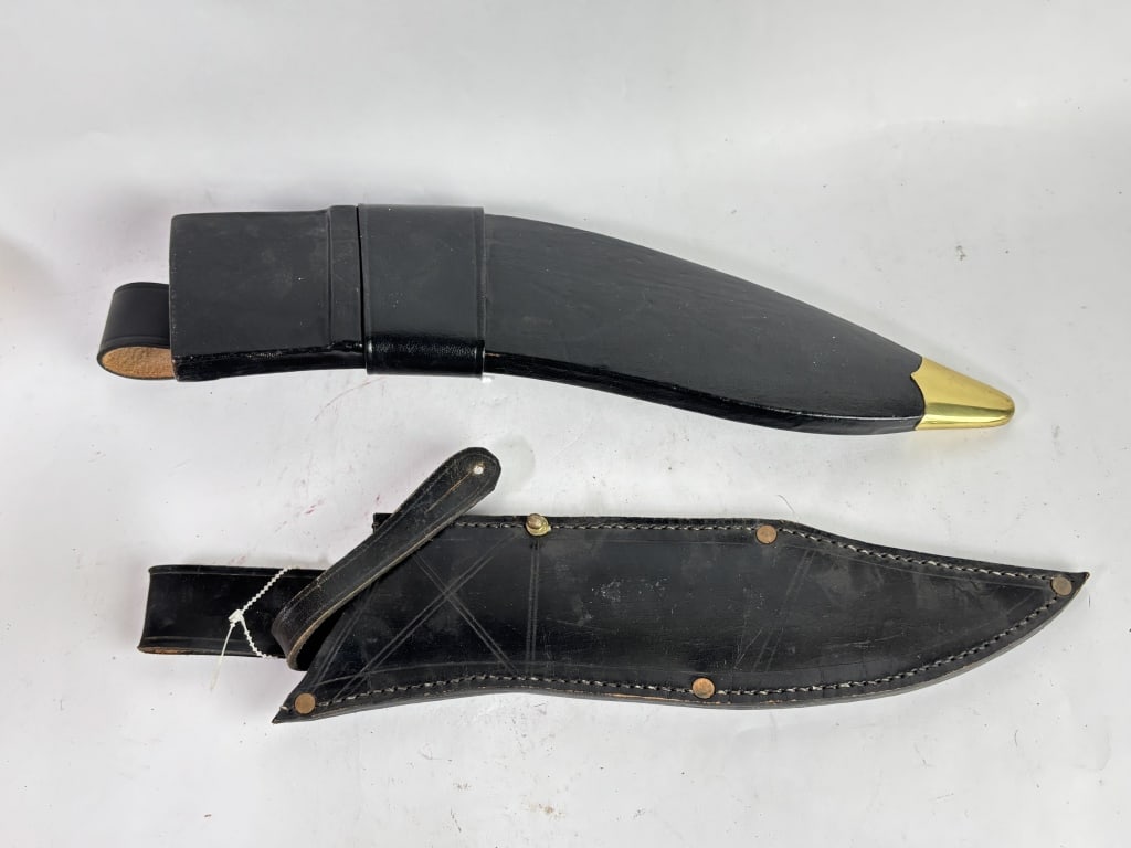 (2) Kukri and Bowie Style Leather Sheaths: (2) Kukri and Bowie Style Leather Sheaths, 14.5in