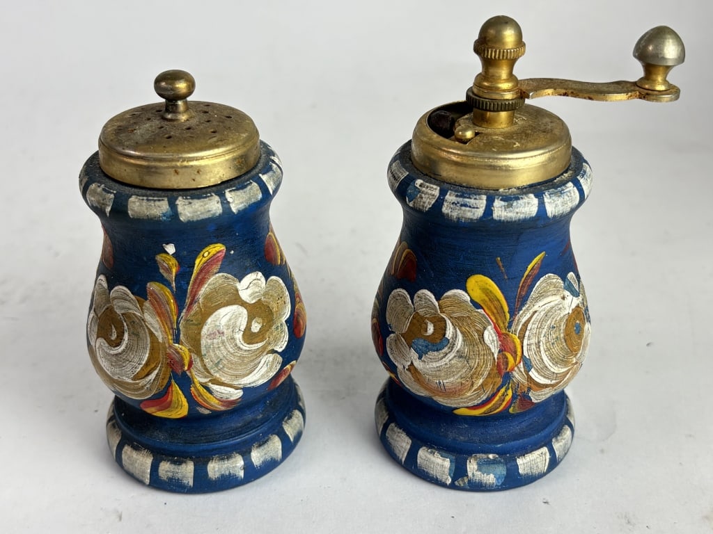 Pr. of Vintage Hand-Painted Wooden Salt/Pepper Set (1 of 2)