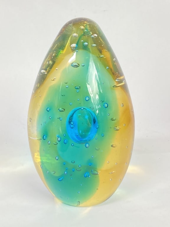 Unmarked Amber/Blue Bubble Glass Paperweight - 2