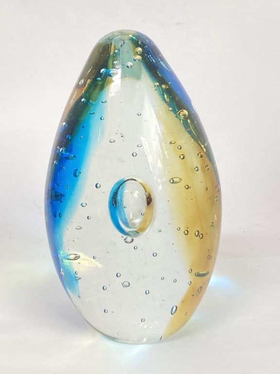Unmarked Amber/Blue Bubble Glass Paperweight - 3