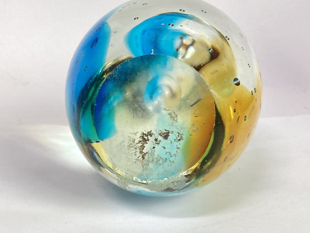 Unmarked Amber/Blue Bubble Glass Paperweight - 4
