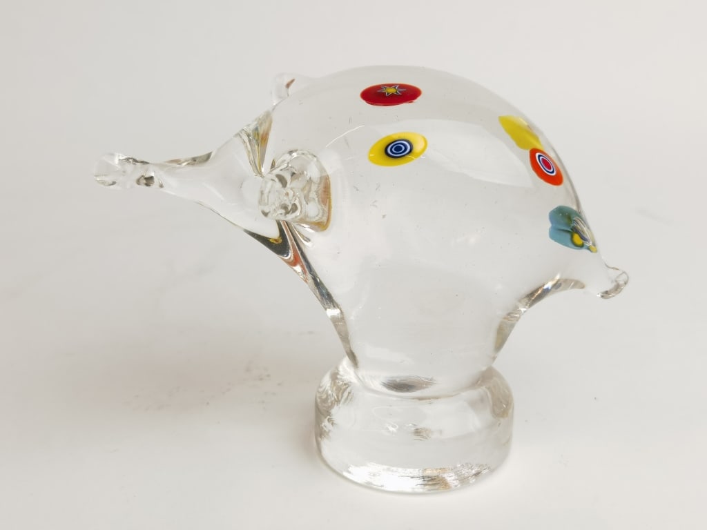 Murano Italy Clear Millefiori Abstract Glass Fish: Murano Italy Clear Millefiori Abstract Glass Fish, 3.75in