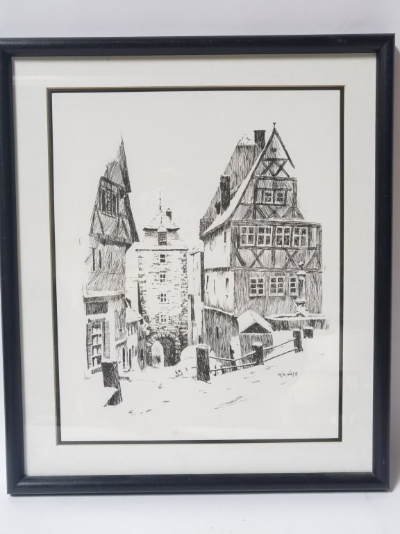 Signed M.H. Katz Street Scene Print: Signed M.H. Katz Street Scene Print, 16.5in by 13.5in