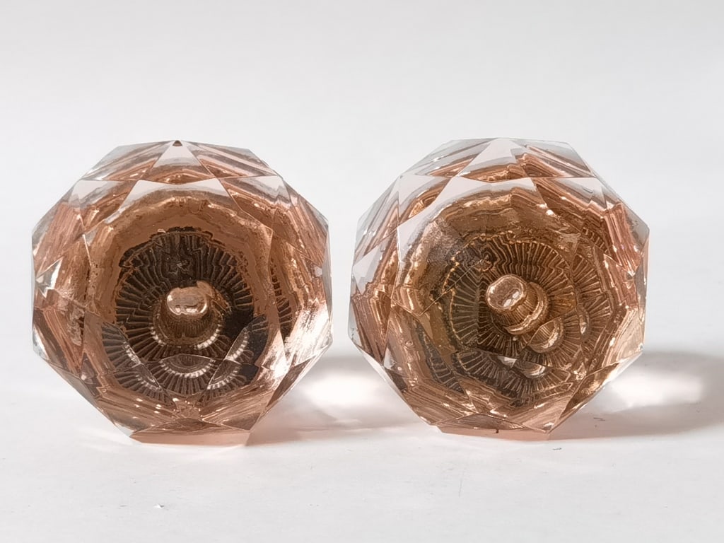 Pr. of Pink Diamond Cut Glass Door Knobs - 2