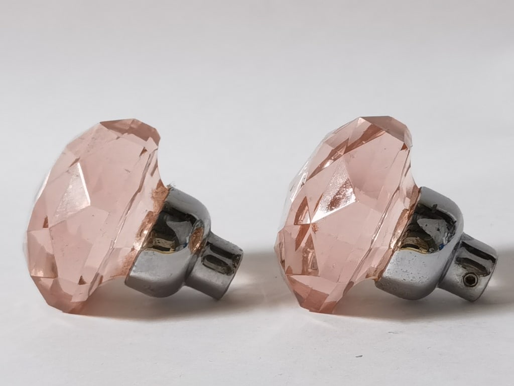 Pr. of Pink Diamond Cut Glass Door Knobs - 3