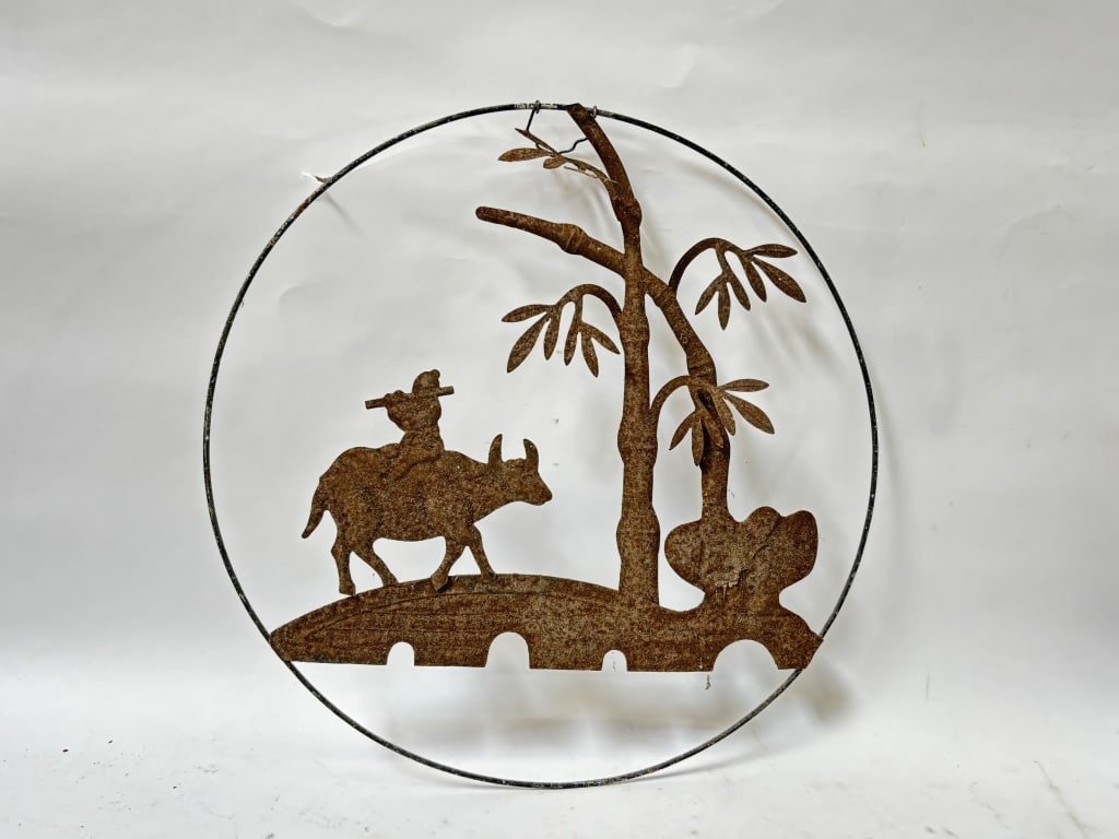 Vintage Chinese Boy Riding Ox Metal Art: Vintage Chinese Boy Riding Ox Metal Art, 11in