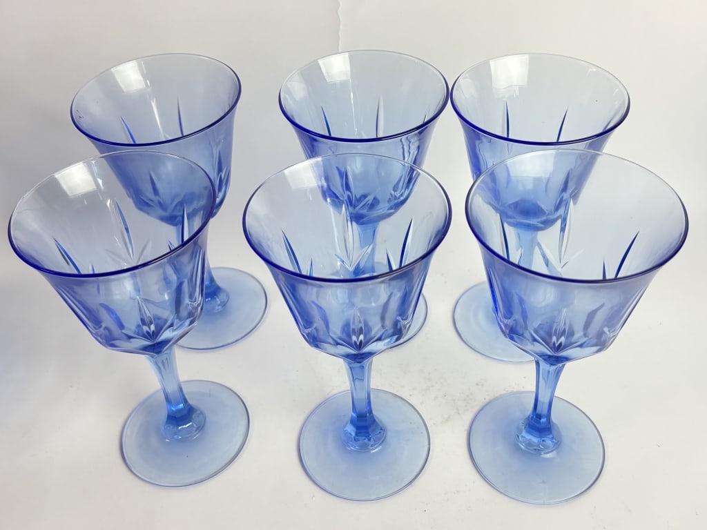 (6) Light Blue Cut Glass Goblets - 2