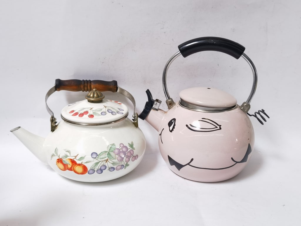 (2) Vintage Enamel Whistling Kettles: (2) Vintage Enamel Whistling Kettles, 11in by 10.5in