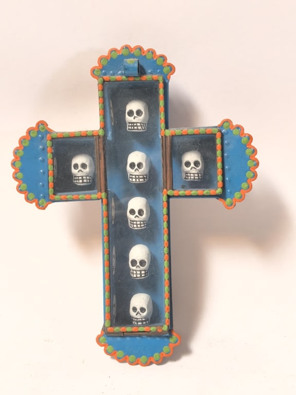 Mexican Tin & Clay Calavera Cross Retablo: Mexican Tin & Clay Calavera Cross Retablo, 7.5in by 6in