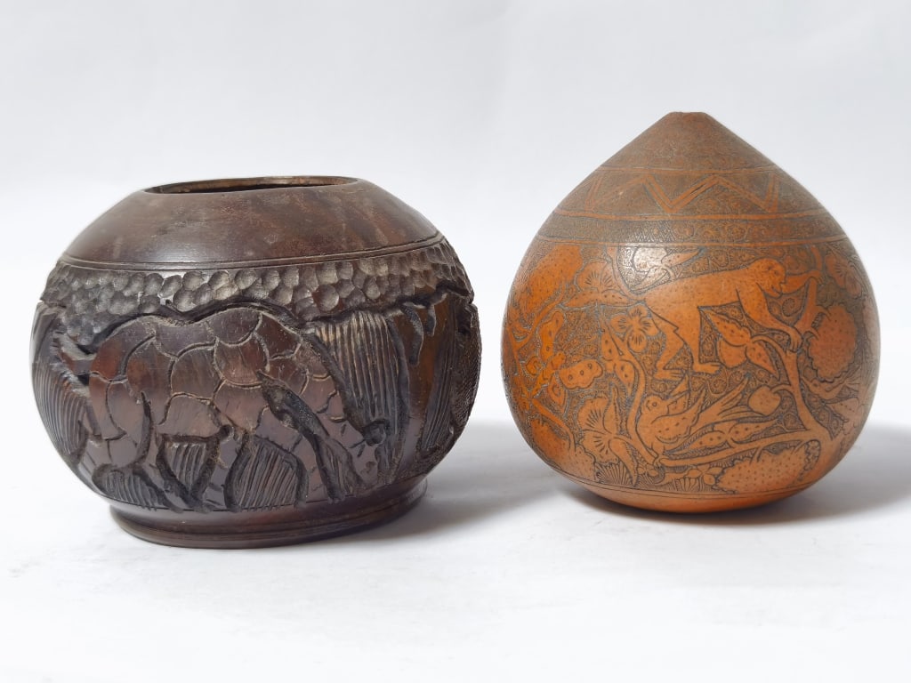 (2) Carved Safari Bowl and Etched Story Gourd (1 of 5)