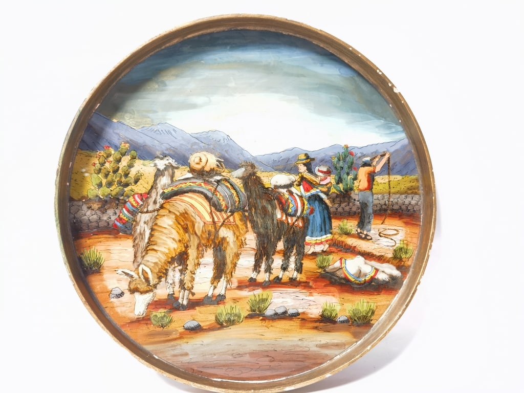 South American Hand Painted Andean Scene Plate: South American Hand Painted Andean Scene Plate, 17.5in