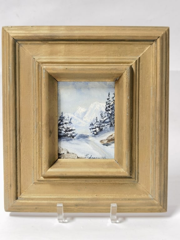 Signed Miniature Framed Alpine Winter Landscape Oi (1 of 4)