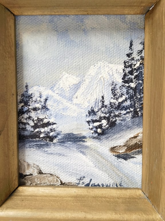 Signed Miniature Framed Alpine Winter Landscape Oi - 2