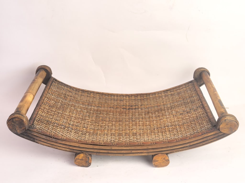 Vintage Asian Bamboo and Rattan Concave Tray: Vintage Asian Bamboo and Rattan Concave Tray, 18in by 10.25in by 7in