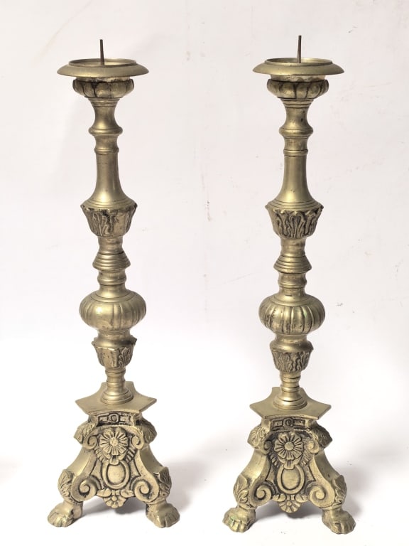Pr. of Vintage Tall Rococo Revival Brass Candlesti: Pr. of Vintage Tall Rococo Revival Brass Candlesticks, 13.25in by 3.5in