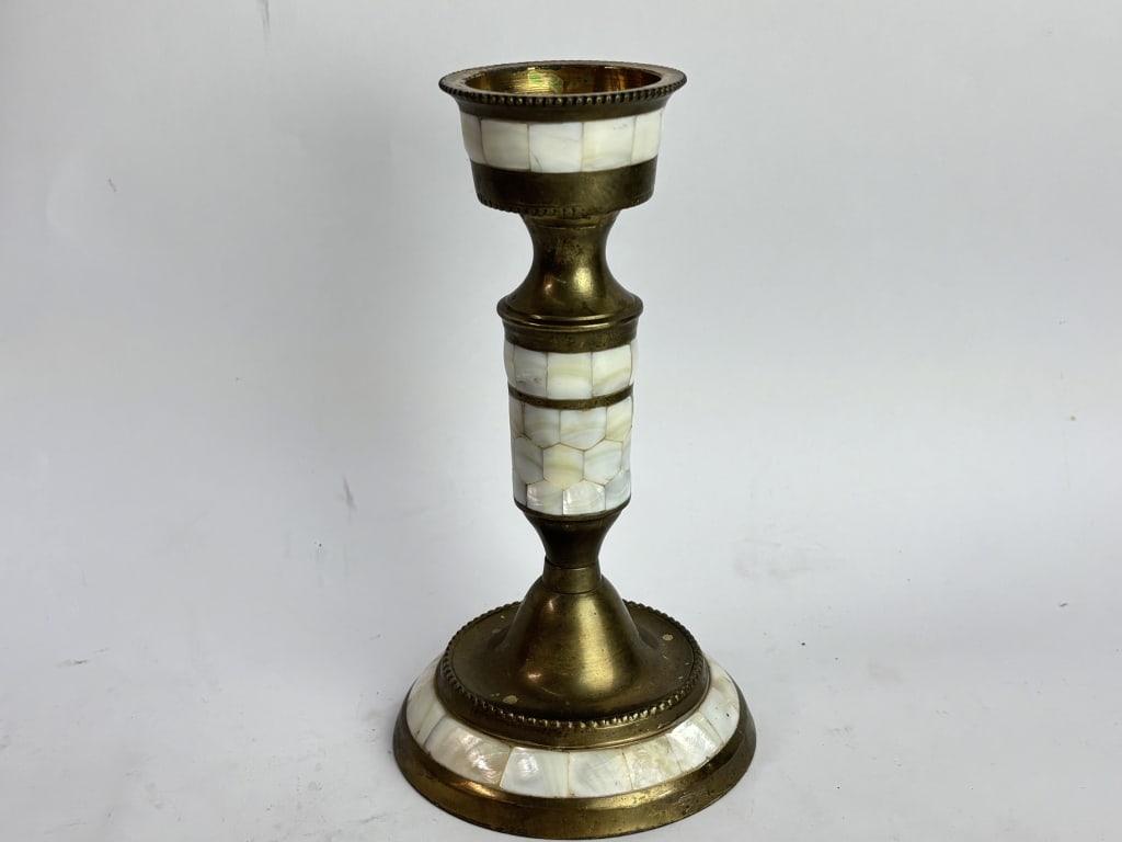 Vintage India Brass and Mother-of-Pearl Candlestic: Vintage India Brass and Mother-of-Pearl Candlestick, 8in by 4.5in