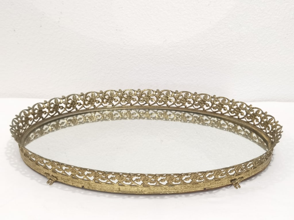 Vintage Filigree Brass Mirrored Vanity Tray (1 of 5)