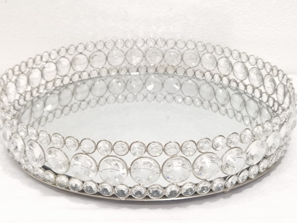 Round Crystal-Beaded Mirrored Vanity Tray - 2