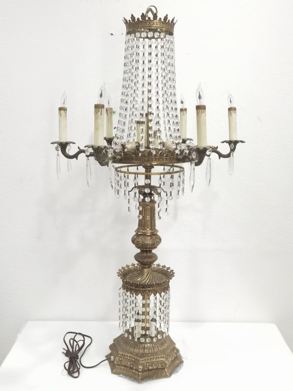 Ornate French-Style Brass & Crystal Candelabra Tab: Ornate French-Style Brass & Crystal Candelabra Table Lamp, 42in by 22in