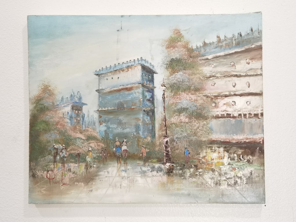Signed Raquel Street Scene Oil Painting on Canvas: Signed Raquel Street Scene Oil Painting on Canvas, 22in by 18in