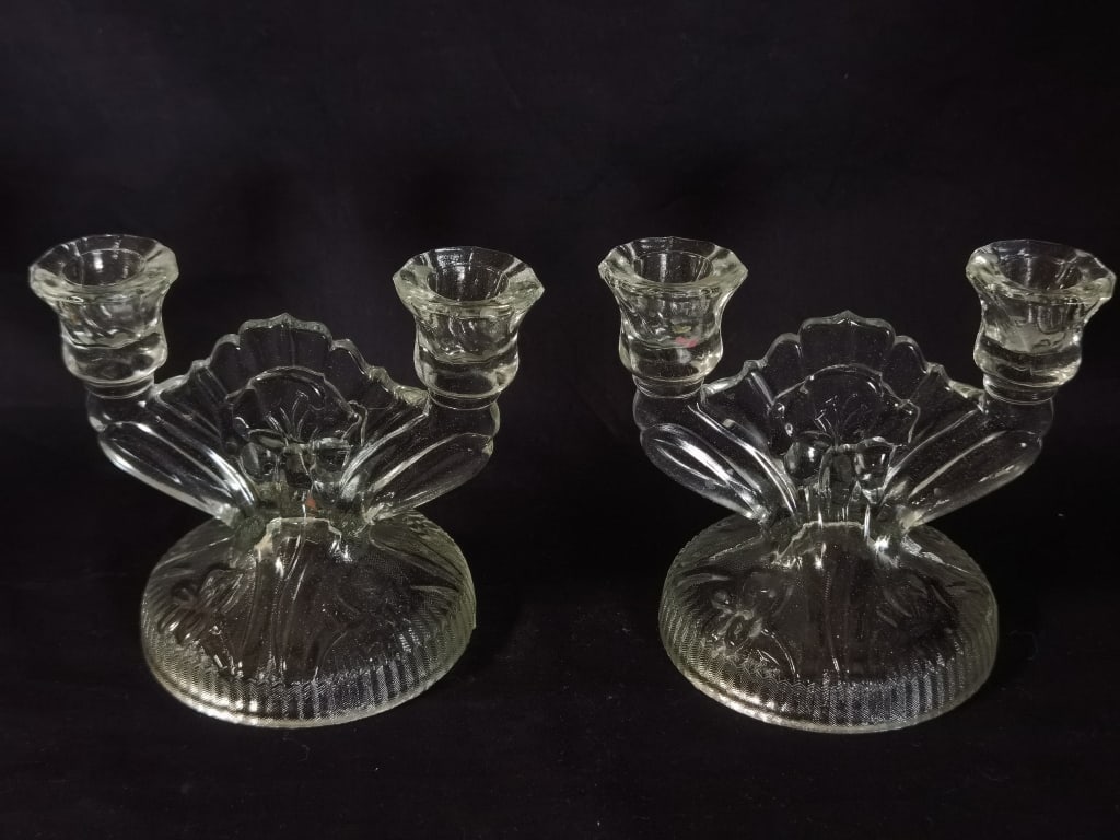 Pr. of Pressed Clear Glass Twin-Arm Candelabras: Pr. of Pressed Clear Glass Twin-Arm Candelabras, 6.25in by 525in by 4.5in