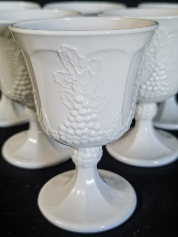 (6) Vintage Milk Glass Grape Pattern Goblets - 2