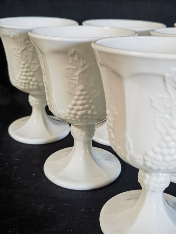 (6) Vintage Milk Glass Grape Pattern Goblets - 3