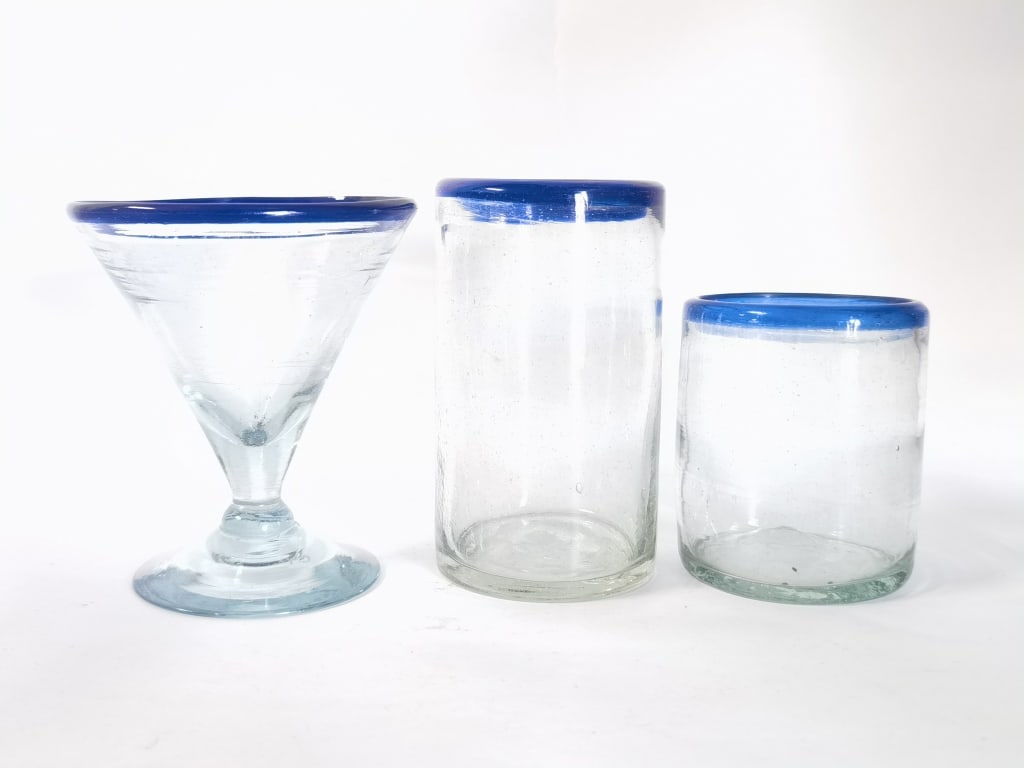 (3) Hand-Blown Mexican Cobalt Blue/Clear Glasses (1 of 2)