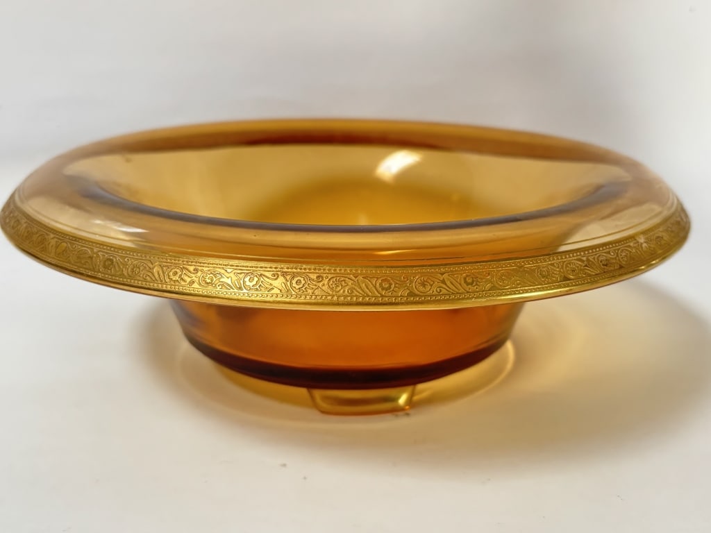 Vintage Amber Compote Gold Encrusted Rolled Rim Bo: Vintage Amber Compote Gold Encrusted Rolled Rim Bowl, 11in by 3.5in
