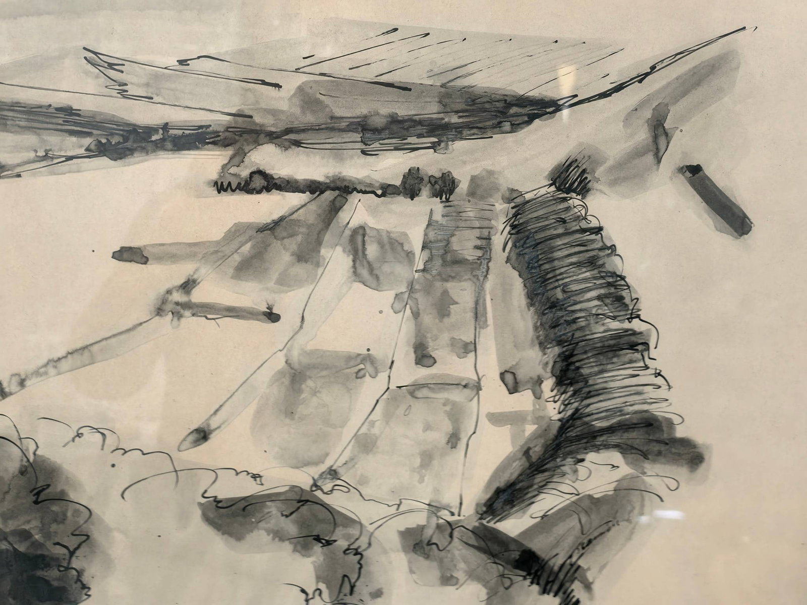 Landscape Ink Drawing on Paper, Framed - 2