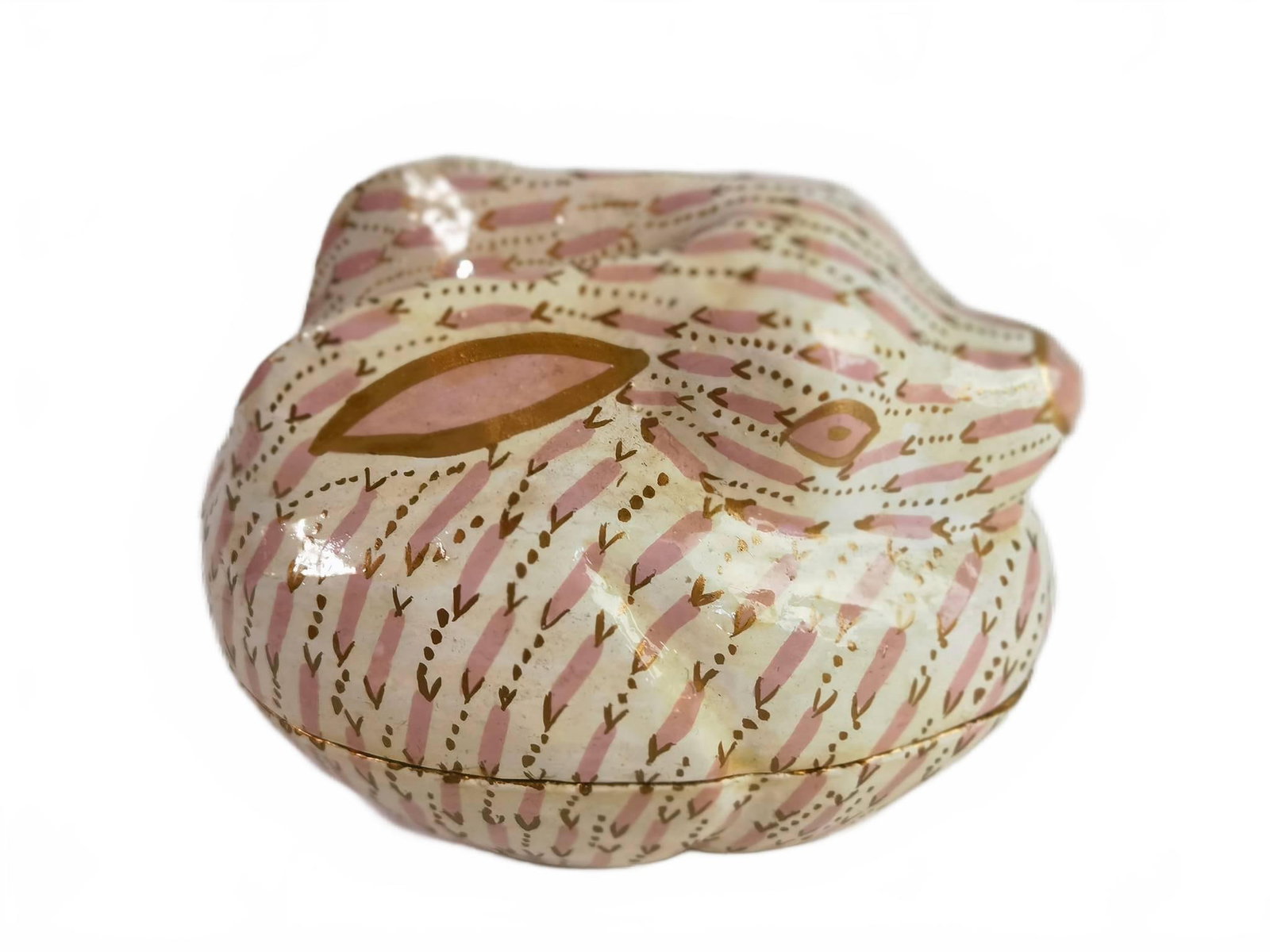 Painted Paper Mâché Bunny Trinket Box: Hand-painted paper mâché trinket box shaped as a bunny, with gold-toned interior. 3in by 2.5in