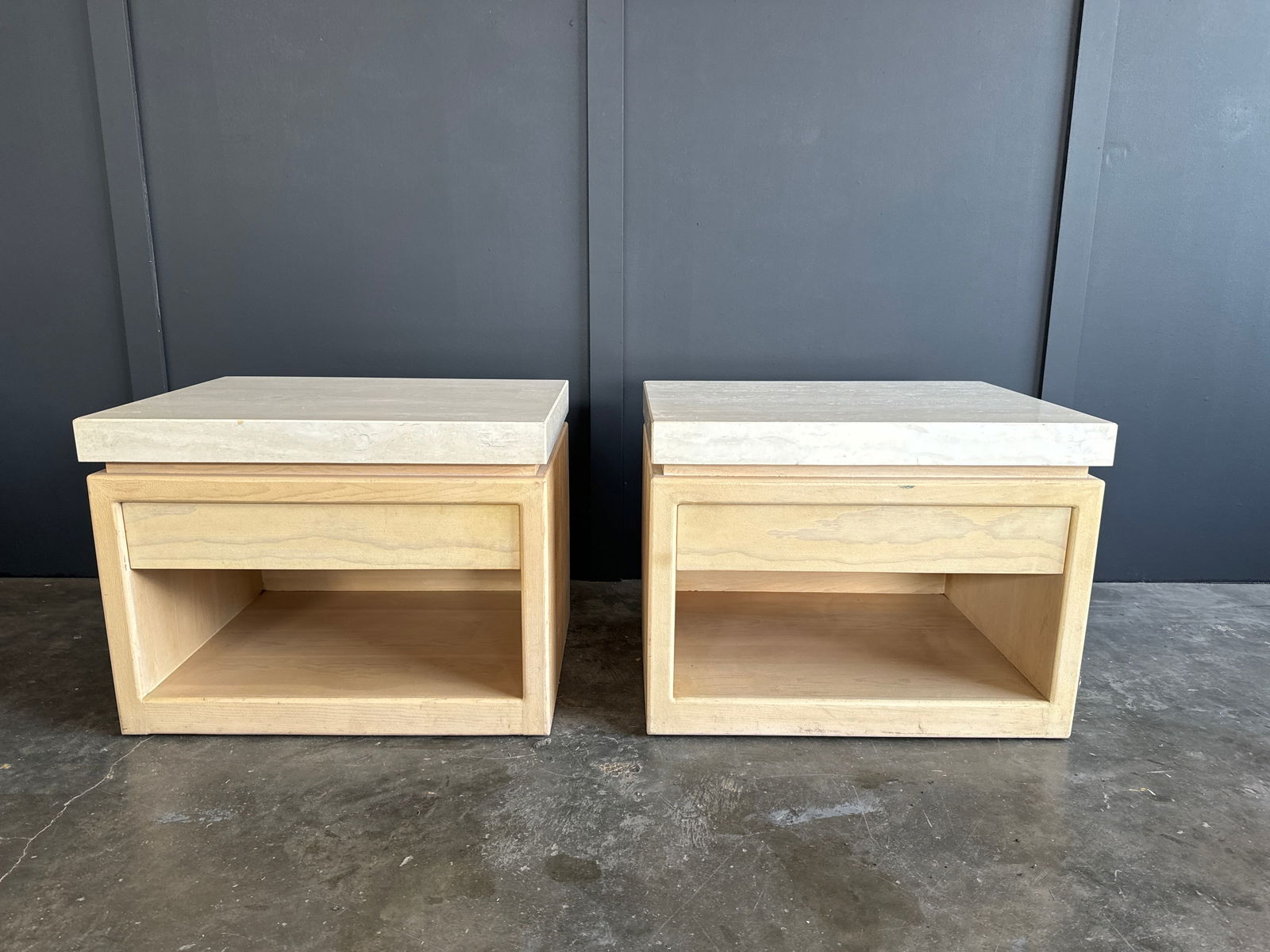 Midcentury Beach Wood and Travertine Nightstands (1 of 4)