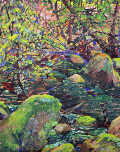 Roy Kneeland, Stream with Rocks: Impressionist landscape in vibrant colors and energetic brushwork Oil on board, 19 x 15 inches, 22 x 18 inches framed Unsigned, inscribed and dated on verso by the grandson James R. Miller, estate of