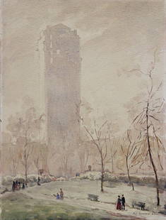 Albert Van Nesse Greene, Central Park: Atmospheric winter cityscape with people strolling through Central Park, 1923 Watercolor on paper, 14 x 10.25 inches, 22 x 18.5 inches framed Signed and dated lower right. Provenance: Private