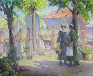 Albert Van Nesse Greene, Afternoon at the Market: Lively town market scene with figures by American Impressionist painter Pastel on sandpaper, 9.75 x 12 inches, 18 x 20 inches framed Signed lower right. Provenance: Private Collection, Doylestown,