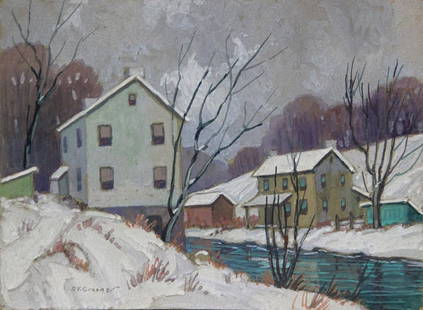 Albert Van Nesse Greene, Winter Homes Creek Side: American Impressionist Winter Snowy Landscape Watercolor and gouache on paper, 8.75 x 11.25 inches, 17 x 20 inches framed Signed lower left "A V Greene". Provenance: Private Collection, Doylestown, Pe