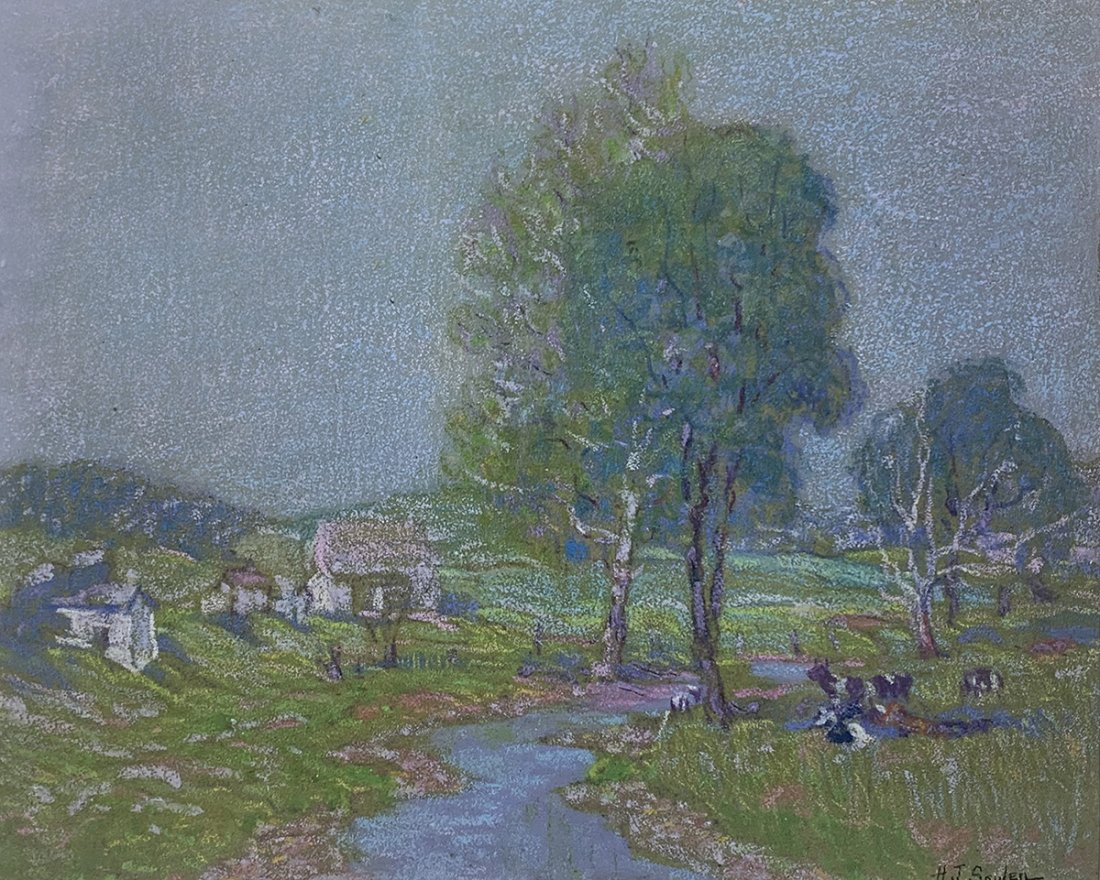 Henry Soulen, Homes and Cows by a Stream: Exquisite and intimate landscape of a countryside farm Pastel on paper, 7.5 x 9.5 inches, 14.75 x 16.75 inches framed Signed "H J Soulen" lower right