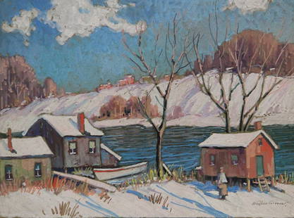 Albert Van Nesse Greene, River Cabin in Winter: American Impressionist Snowy Landscape by Pennsylvania Impressionist painter Gouache and watercolor on paper, 9 x 12 inches, 17 x 20 inches framed Signed "A Van Nesse Greene" lower right. Provenance: