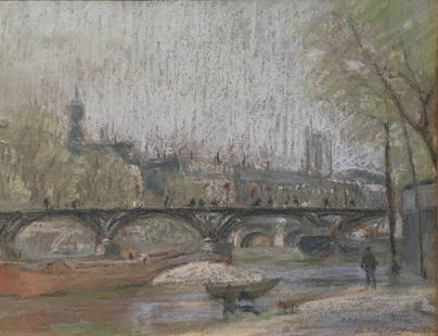 Albert Van Nesse Greene, Pont Des Arts, Paris: European City Scene by American Impressionist, 1921 Pastel on paper, 9 x 12 inches, 18.25 x 20.75 inches framed Signed "A V Greene Paris 21" lower right. Provenance: Private Collection, Doylestown,