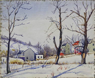 Albert Van Nesse Greene, Winter Nest: Charming American Impressionist country landscape in the snow Watercolor on Paper, 8.75 x 10.75 inches, 17 x 19 inches framed Signed and dated "A V Greene 1920" lower right. Provenance: Private