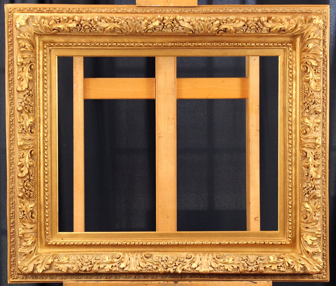 Ornate Reproduction Metal Leaf Frame: 30 x 24 inches inside dimensions, moulding is 7 inches wide, 4 inches deep