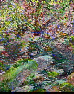 Roy Kneeland, Stream with Rocks: Impressionist landscape in vibrant colors and energetic brushwork Oil on board, 19 x 15 inches, 22 x 18 inches framed unsigned but inscribed and dated on verso by the grandson James R. Miller, estate