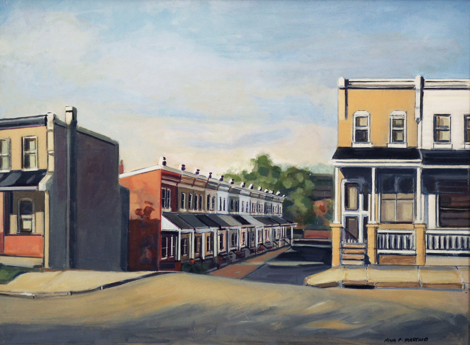 Nina Martino, Norristown Rows #1: Philadelphia area cityscape by female Pennsylvania Painter Oil on panel, 12 x 16 inches, 14.75 x 18.75 inches framed Signed "Nina F Martino" lower right, signed and titled en verso Provenance: Estate