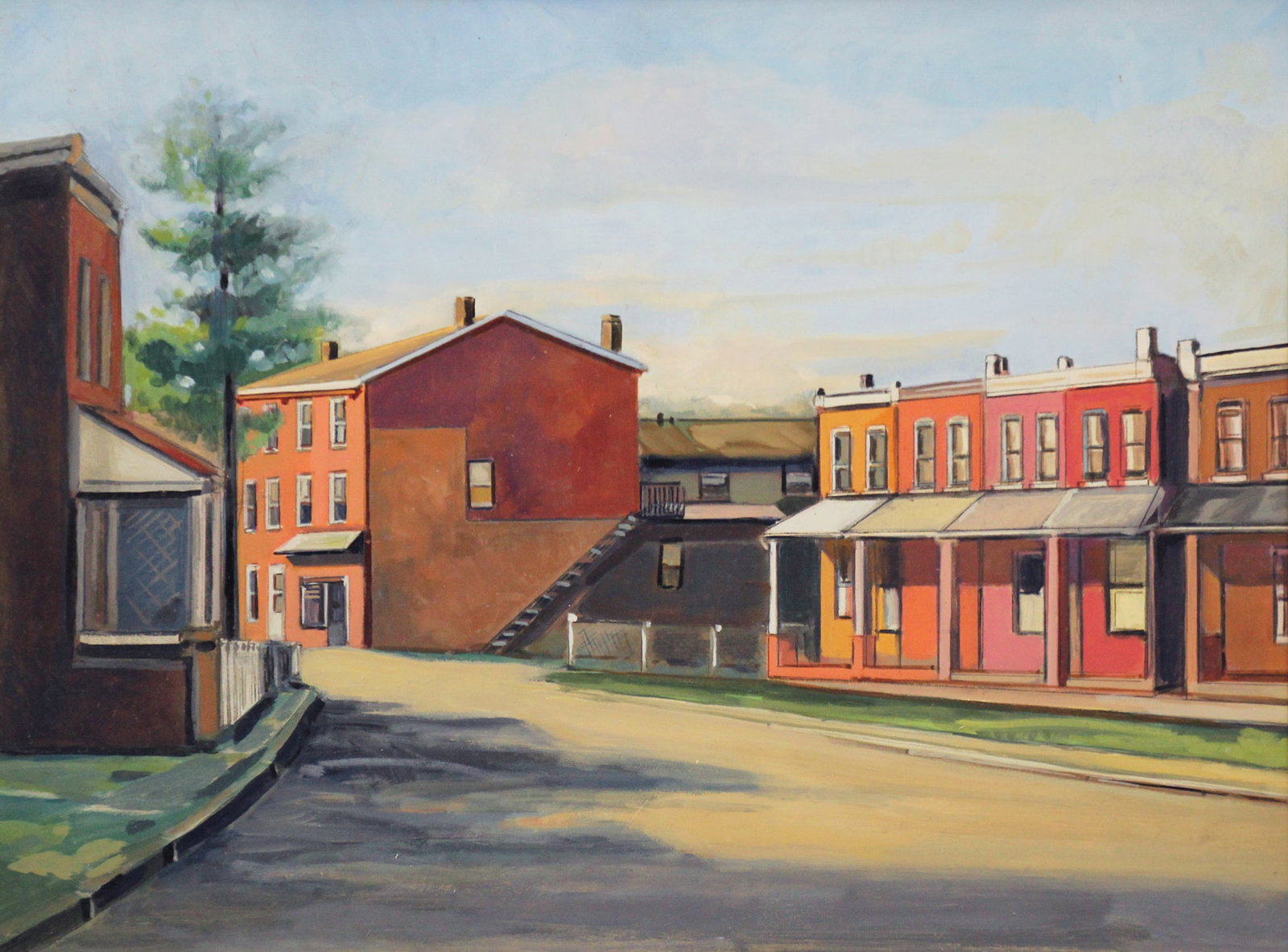 Nina Martino, Norristown Rows #2: Philadelphia area cityscape by female Pennsylvania Painter Oil on panel, 12 x 16 inches, 14.75 x 18.75 inches framed Signed and titled en verso Provenance: Estate of the artist; descended through the