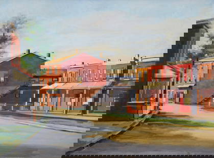 Nina Martino, Norristown Rows #2: Philadelphia area cityscape by female Pennsylvania Painter Oil on panel, 12 x 16 inches, 14.75 x 18.75 inches framed Signed and titled en verso Provenance: Estate of the artist; descended through the
