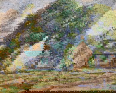 Albert Van Nesse Greene, The Conversation: Amercian regional town scene and landscape in summertime by Pennsylvania Impressionist Oil on canvas, 12.5 x 10 inches, 16 x 18 inches framed in 22k gold reproduction frame Signed "A V Greene" in the