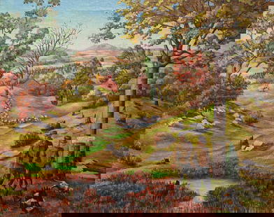 Molly Luce, No Trespassing: Autumn landscape with hunters by female American Realist painter, 1936 Oil on canvas, 24 x 30 inches, 28 x 34 inches framed Signed and dated "Molly Luce 36" lower left Provenance: Private collection,