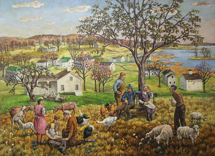 Molly Luce, Four Generations: Landscape with figures by female American Realist artist, 1940's Oil on canvas, 30 x 40 inches, 37 x 46 inches framed Signed "Molly Luce" lower left Provenance: Private collection, Greenwich, Connecti